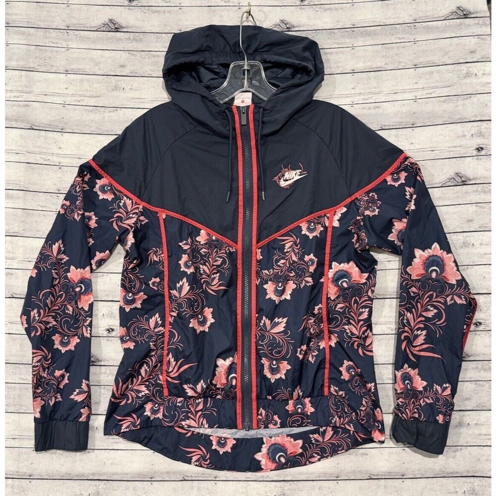 Nike Womens Windbreaker Jacket Sz S Blue Pink Floral Full Zip Hooded Vented